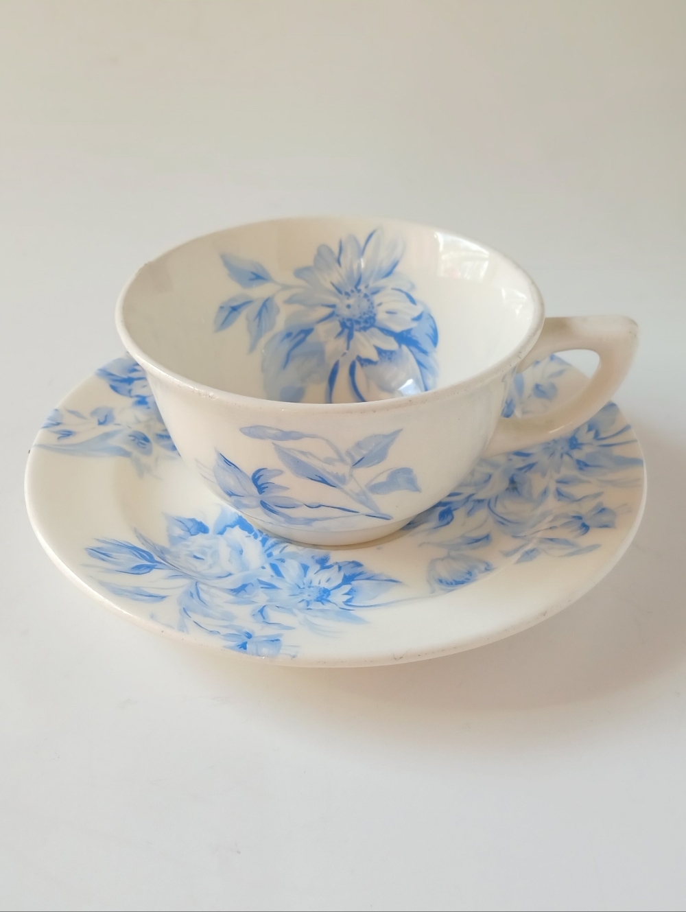 Blue Floral Porcelain Teacup and Saucer Set - White and Blue